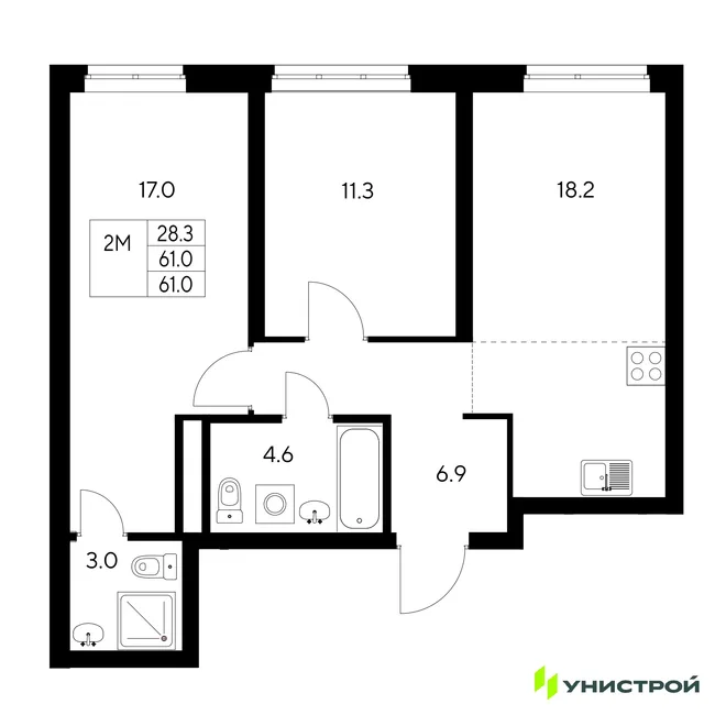 Планировка 2-комн. квартира, 61 м² ЖК «Стадиум» Планировка 2-комн. квартира, 61 м² ЖК «Стадиум»