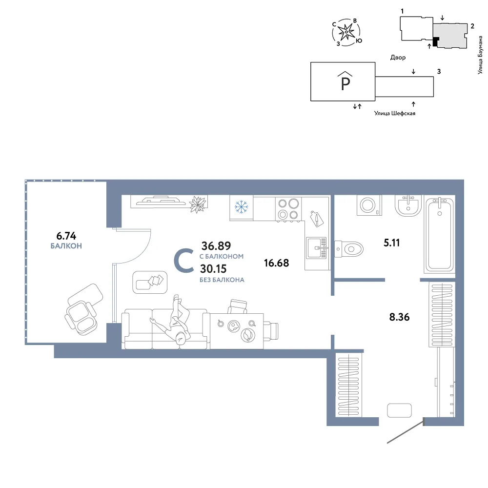 Планировка Студия, 36.89 м² ЖК «Страна.Энтузиастов»