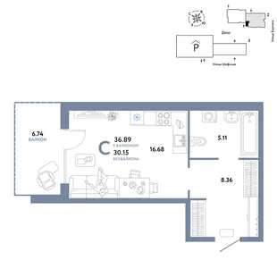 Планировка Студия, 36.89 м² ЖК «Страна.Энтузиастов»