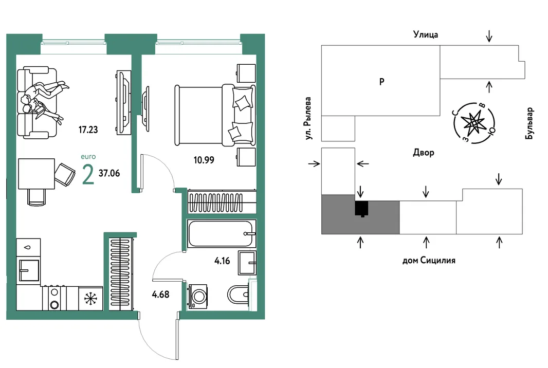 Планировка 2-комн. квартира, 37.06 м² ЖК «Остров-сад»