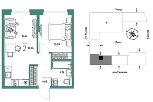 Планировка 2-комн. квартира, 37.06 м² ЖК «Остров-сад»