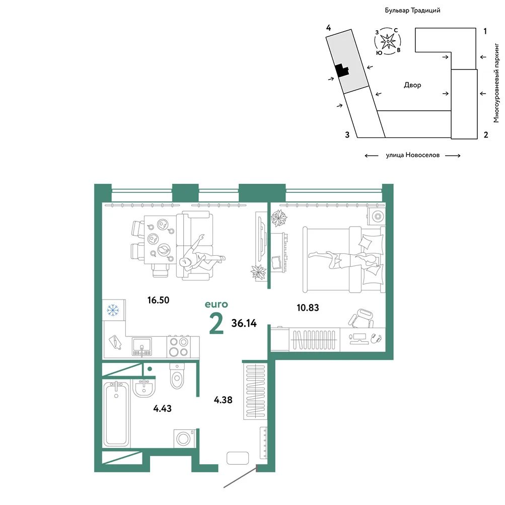Планировка 2-комн. квартира, 36.14 м² ЖК «Микрорайон Домашний»
