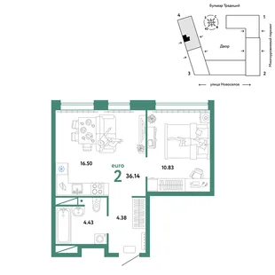Планировка 2-комн. квартира, 36.14 м² ЖК «Микрорайон Домашний»