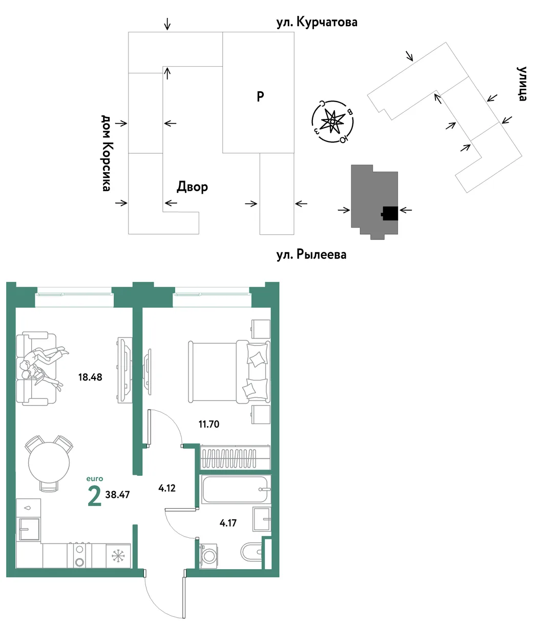 Планировка 2-комн. квартира, 38.47 м² ЖК «Остров-сад»