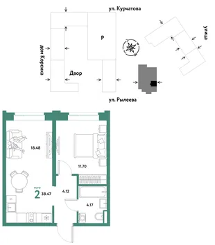 Планировка 2-комн. квартира, 38.47 м² ЖК «Остров-сад»