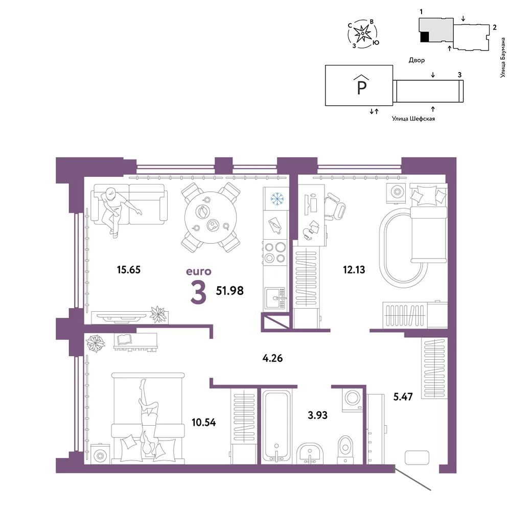 Планировка 3-комн. квартира, 51.98 м² ЖК «Страна.Энтузиастов»