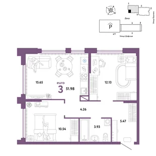 Планировка 3-комн. квартира, 51.98 м² ЖК «Страна.Энтузиастов»