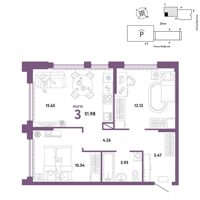 Планировка 3-комн. квартира, 51.98 м² ЖК «Страна.Энтузиастов» Планировка 3-комн. квартира, 51.98 м² ЖК «Страна.Энтузиастов»