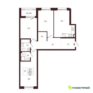Планировка 3-комн. квартира, 84.3 м² ЖК «Лисино»