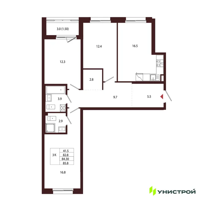Планировка 3-комн. квартира, 84.3 м² ЖК «Лисино» Планировка 3-комн. квартира, 84.3 м² ЖК «Лисино»