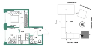 Планировка 2-комн. квартира, 28.93 м² ЖК «Сердце Сибири»