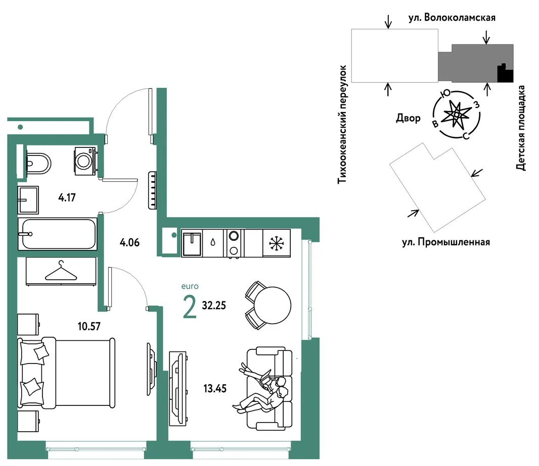 Планировка 1-комн. квартира, 32.25 м² ЖК «Страна Прибрежная»