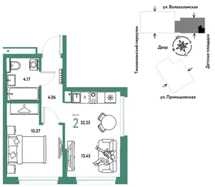 Планировка 1-комн. квартира, 32.25 м² ЖК «Страна Прибрежная»