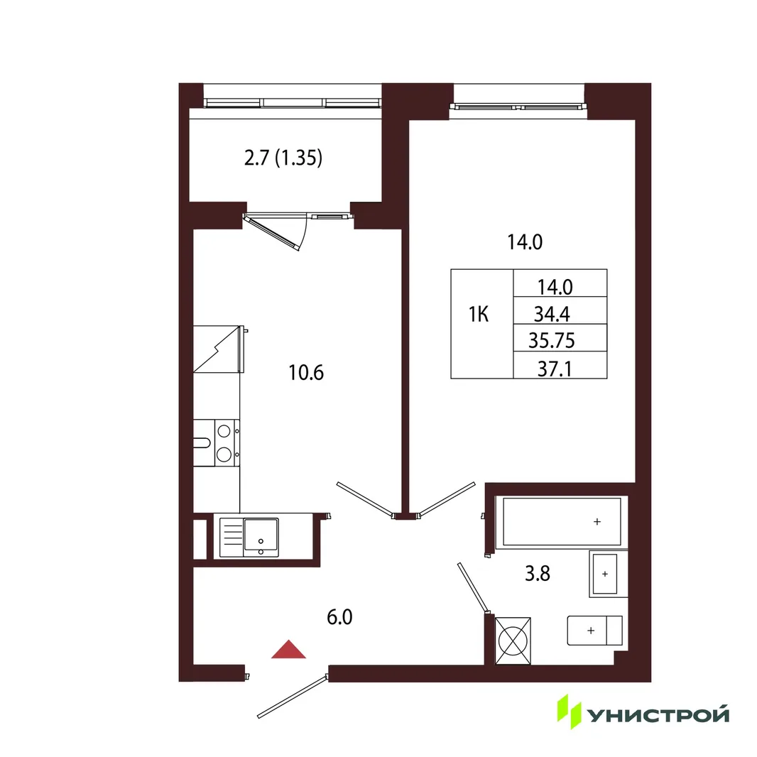 Планировка 1-комн. квартира, 35.75 м² ЖК «Лисино»