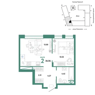 Планировка 2-комн. квартира, 36.06 м² ЖК «Микрорайон Домашний»