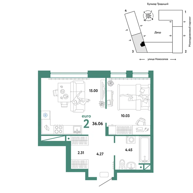 Планировка 2-комн. квартира, 36.06 м² ЖК «Микрорайон Домашний» Планировка 2-комн. квартира, 36.06 м² ЖК «Микрорайон Домашний»