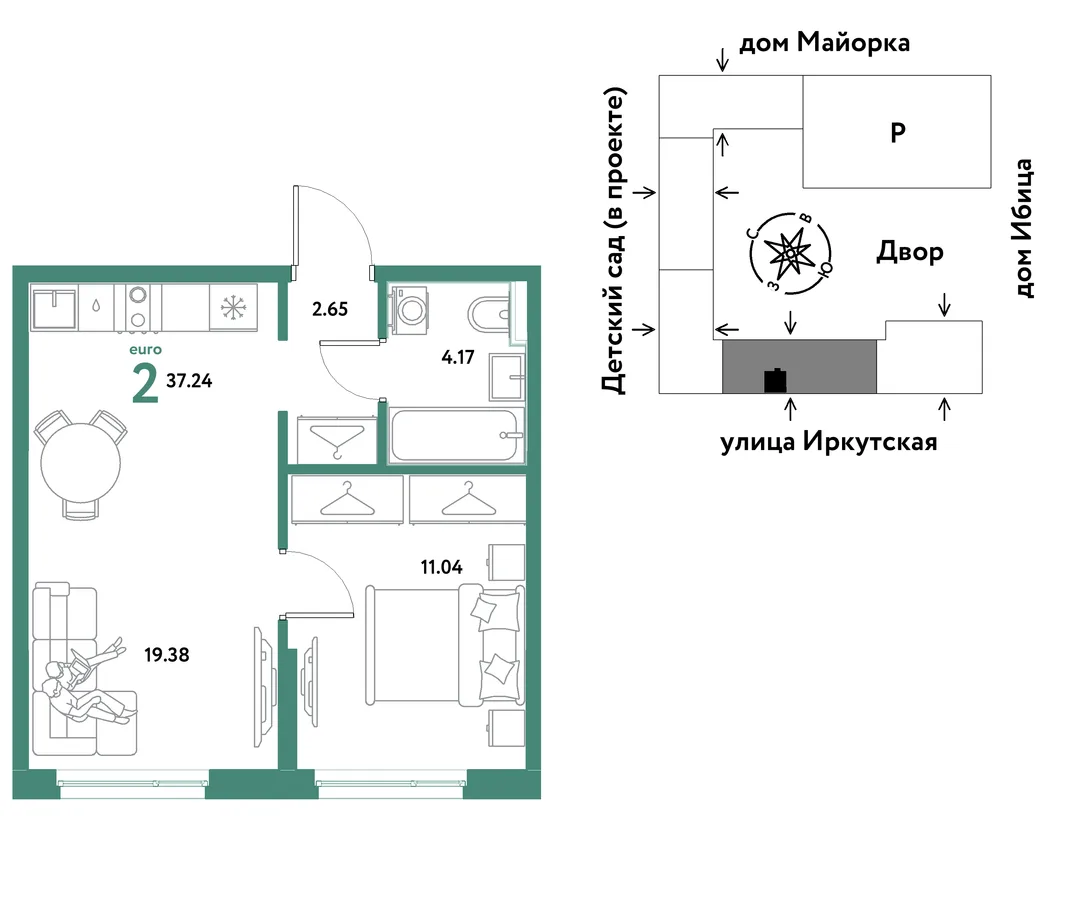 Планировка 2-комн. квартира, 37.24 м² ЖК «Остров-сад»