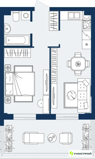 Планировка 1-комн. квартира, 41.53 м² ЖК «ГРАНД БЕРЕГ»