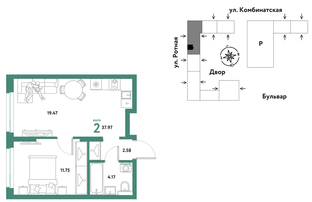Планировка 2-комн. квартира, 37.8 м² ЖК «Уральский сад»