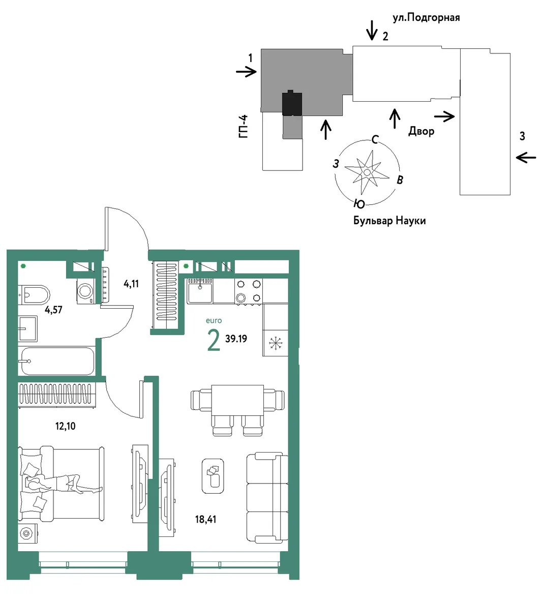 Планировка 2-комн. квартира, 39.19 м² ЖК «Авторский»