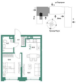 Планировка 2-комн. квартира, 39.19 м² ЖК «Авторский»