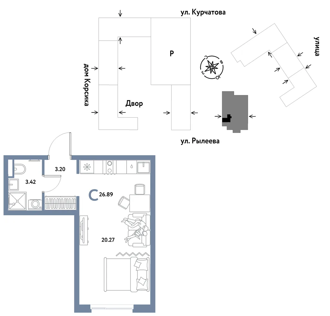 Планировка Студия, 26.89 м² ЖК «Остров-сад»