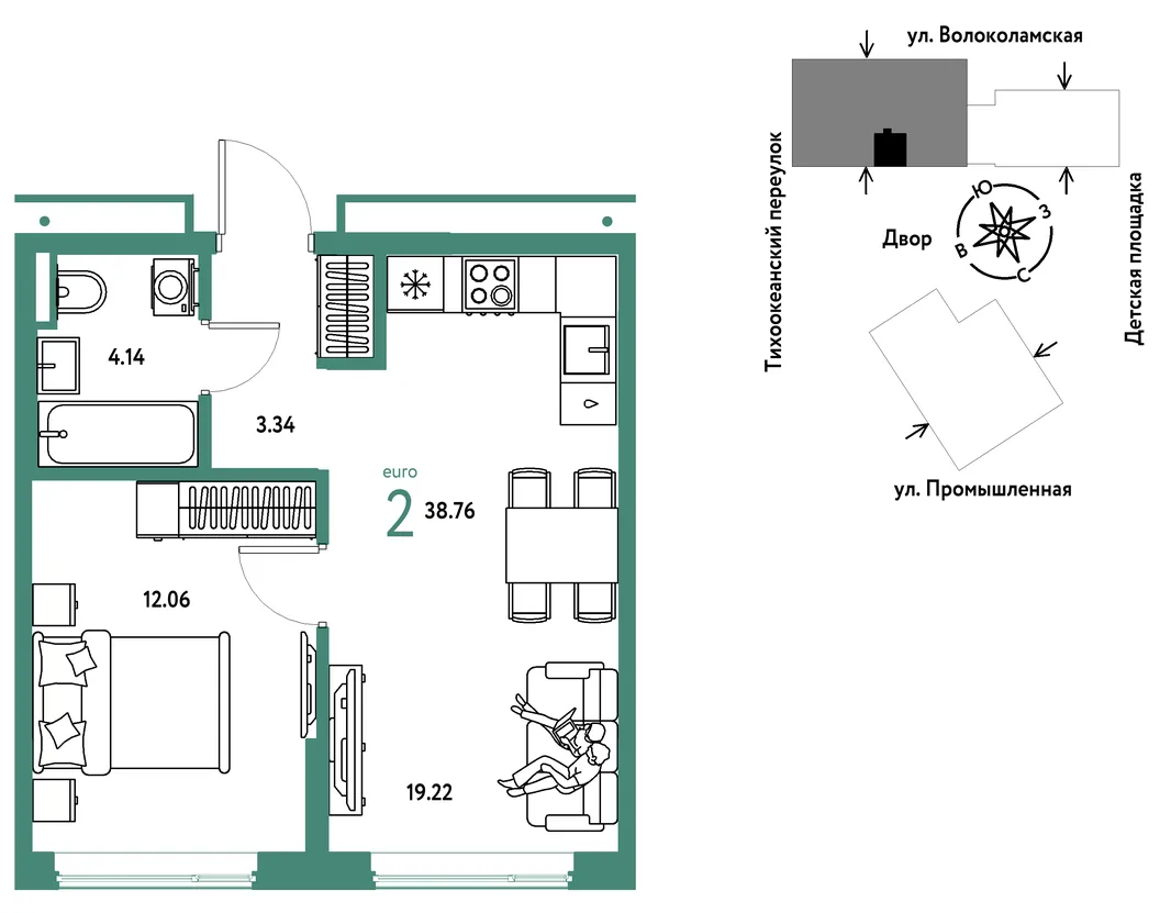 Планировка 2-комн. квартира, 38.76 м² ЖК «Страна Прибрежная»