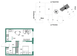 Планировка 2-комн. квартира, 38.59 м² ЖК «Остров-сад»