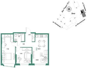 Планировка 2-комн. квартира, 60.53 м² ЖК «Страна.Парковая»