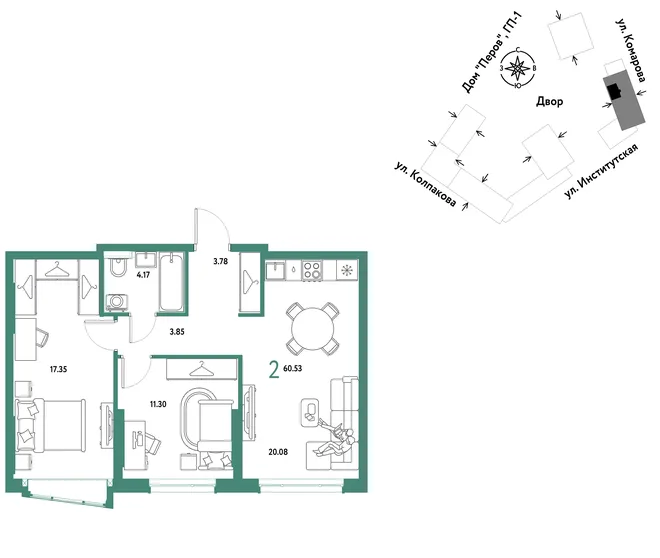 Планировка 2-комн. квартира, 60.53 м² ЖК «Страна.Парковая» Планировка 2-комн. квартира, 60.53 м² ЖК «Страна.Парковая»