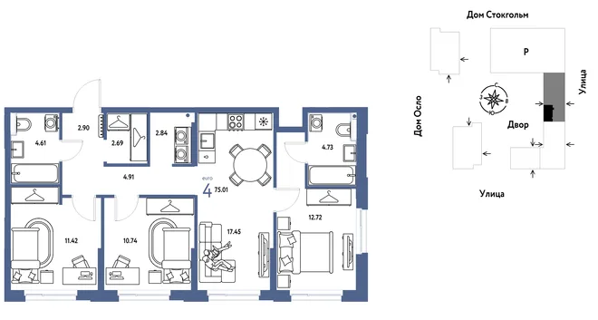 Планировка 4-комн. квартира, 75.01 м² ЖК «Европейский берег 2.0» Планировка 4-комн. квартира, 75.01 м² ЖК «Европейский берег 2.0»