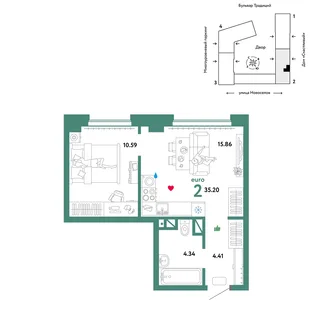 Планировка 2-комн. квартира, 35.2 м² ЖК «Микрорайон Домашний»