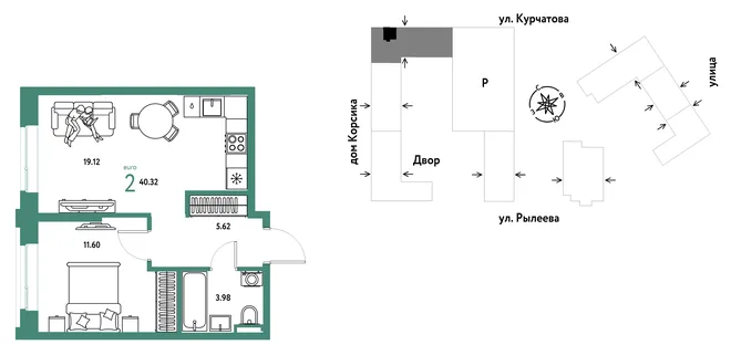 Планировка 2-комн. квартира, 40.51 м² ЖК «Остров-сад» Планировка 2-комн. квартира, 40.51 м² ЖК «Остров-сад»