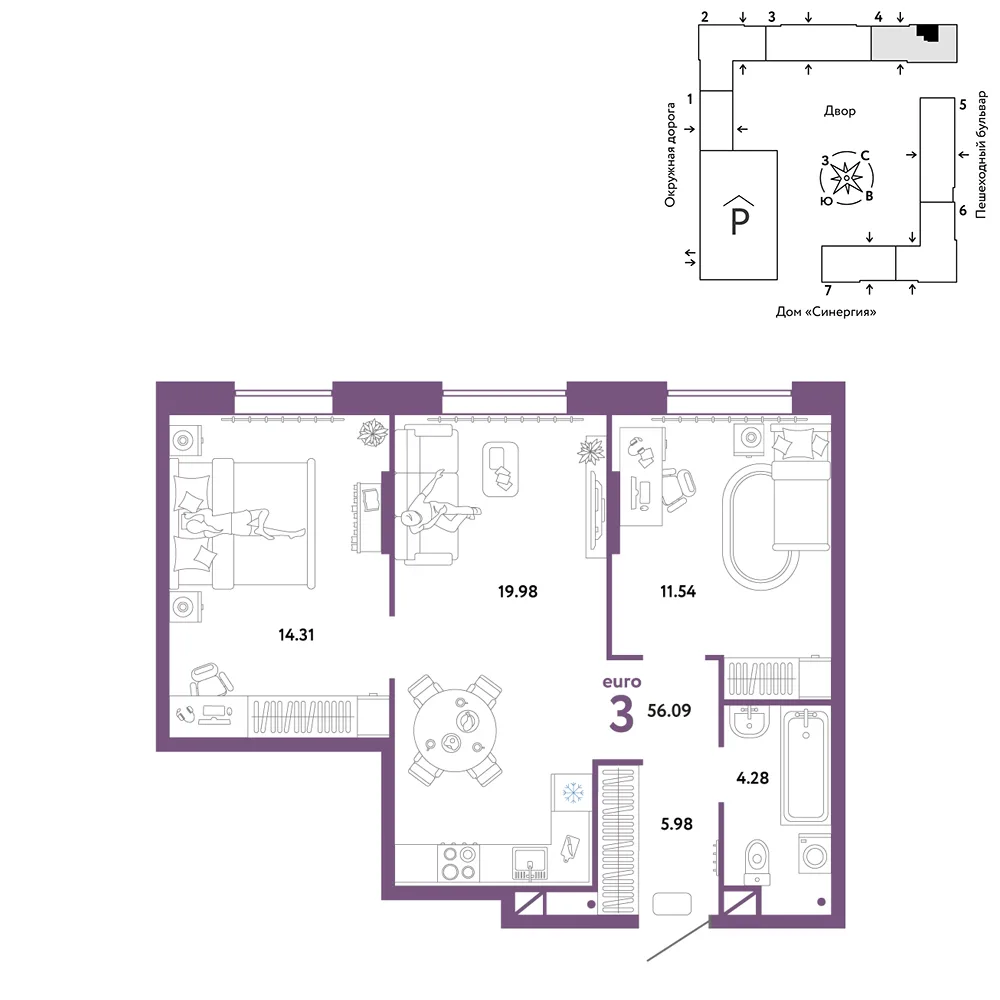 Планировка 3-комн. квартира, 56.09 м² ЖК «Юнион»