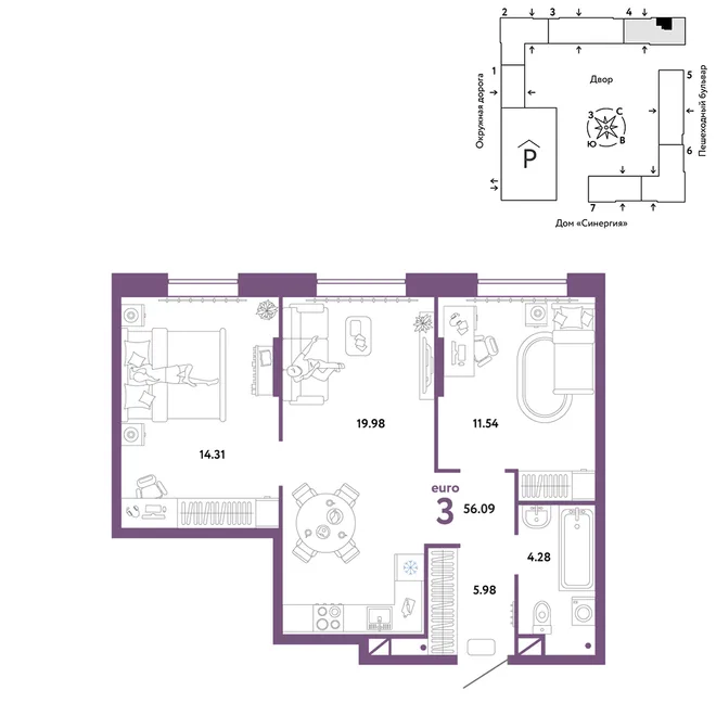 Планировка 3-комн. квартира, 56.09 м² ЖК «Юнион» Планировка 3-комн. квартира, 56.09 м² ЖК «Юнион»