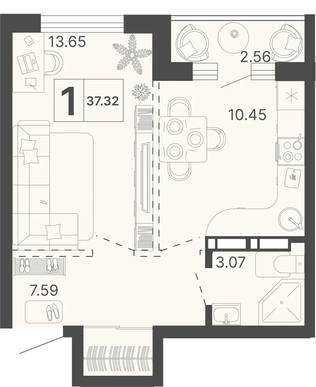 Планировка 1-комн. квартира, 37.32 м² ЖК «Светский лес»
