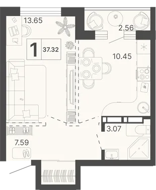 Планировка 1-комн. квартира, 37.32 м² ЖК «Светский лес»