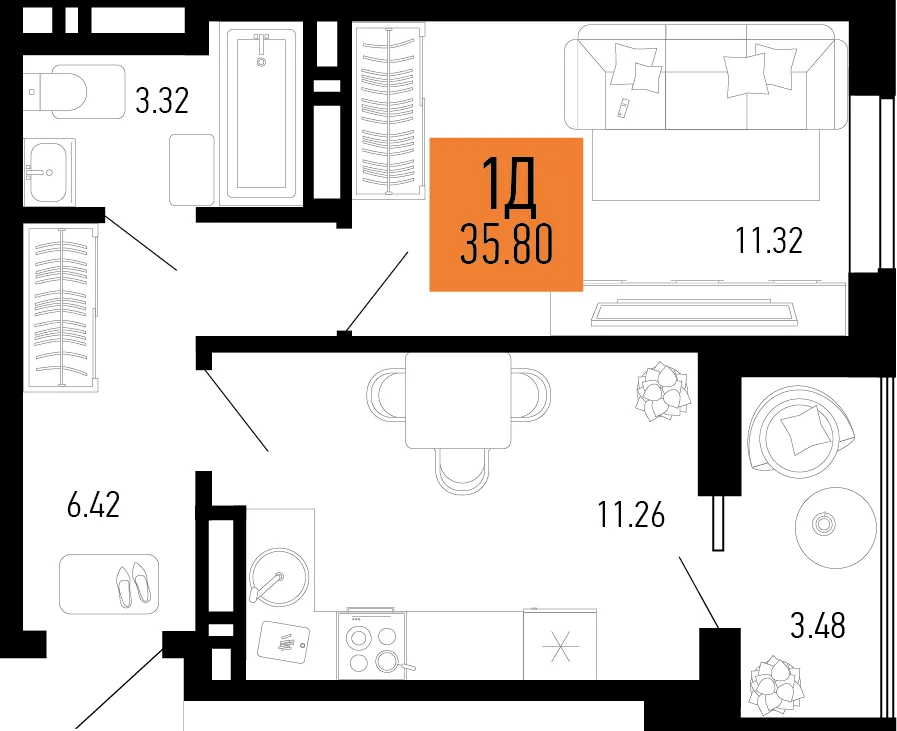Планировка 1-комн. квартира, 35.8 м² ЖК «Столицыно»
