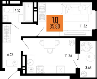 Планировка 1-комн. квартира, 35.8 м² ЖК «Столицыно»