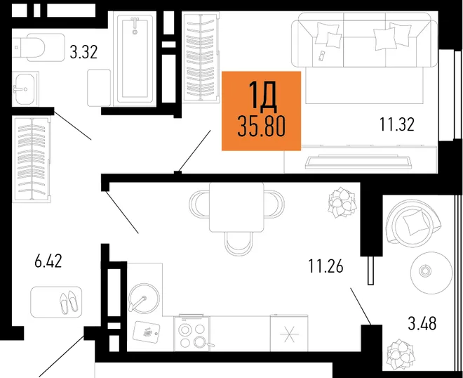 Планировка 1-комн. квартира, 35.8 м² ЖК «Столицыно» Планировка 1-комн. квартира, 35.8 м² ЖК «Столицыно»