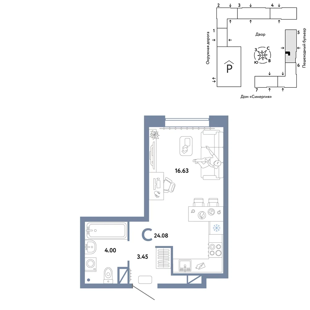 Планировка Студия, 24.08 м² ЖК «Юнион»