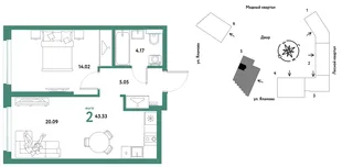 Планировка 2-комн. квартира, 43.33 м² ЖК «Сибирский сад»