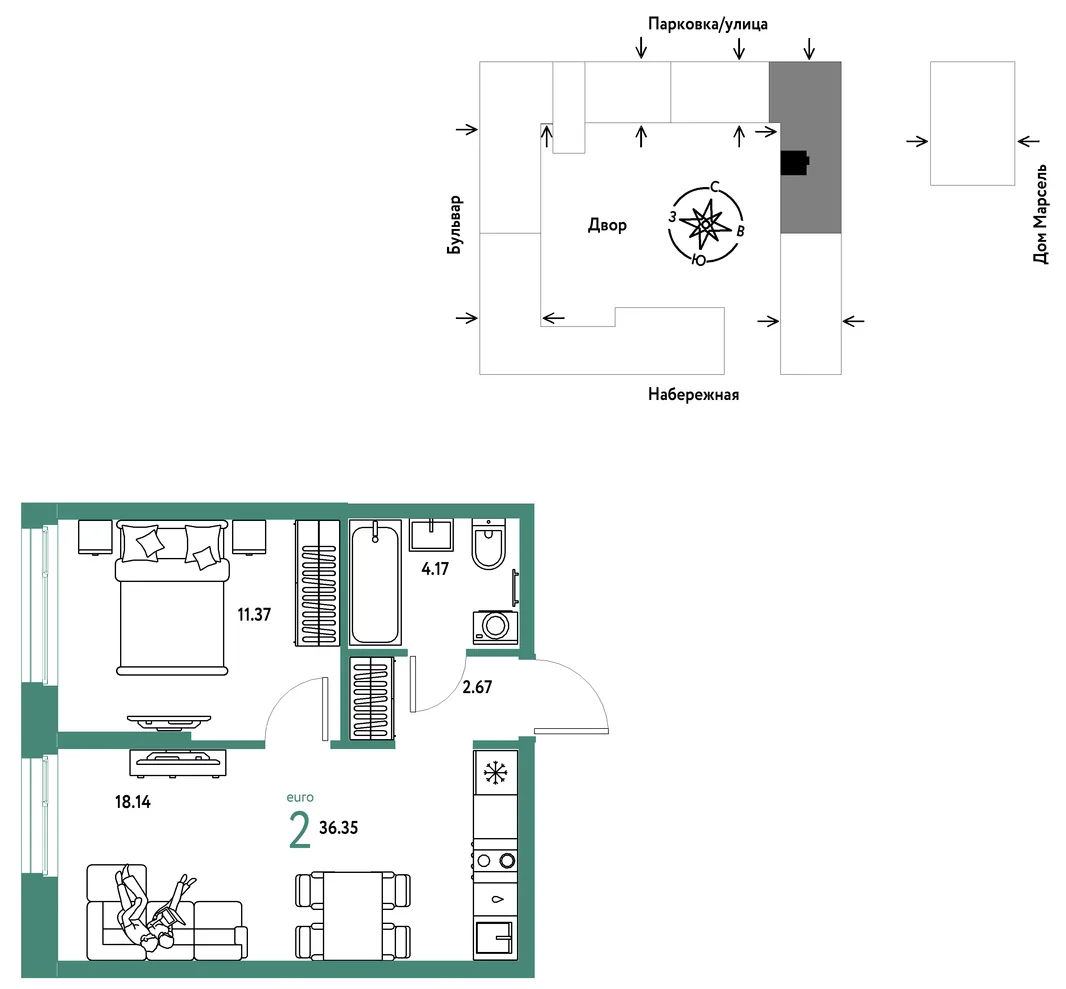 Планировка 2-комн. квартира, 36.35 м² ЖК «Европейский берег 2.0»