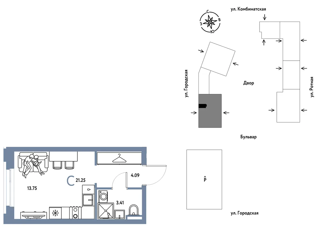 Планировка Студия, 21.25 м² ЖК «Уральский сад»