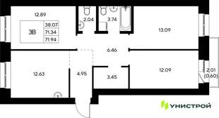 Планировка 3-комн. квартира, 71.94 м² ЖК «Царёво City»