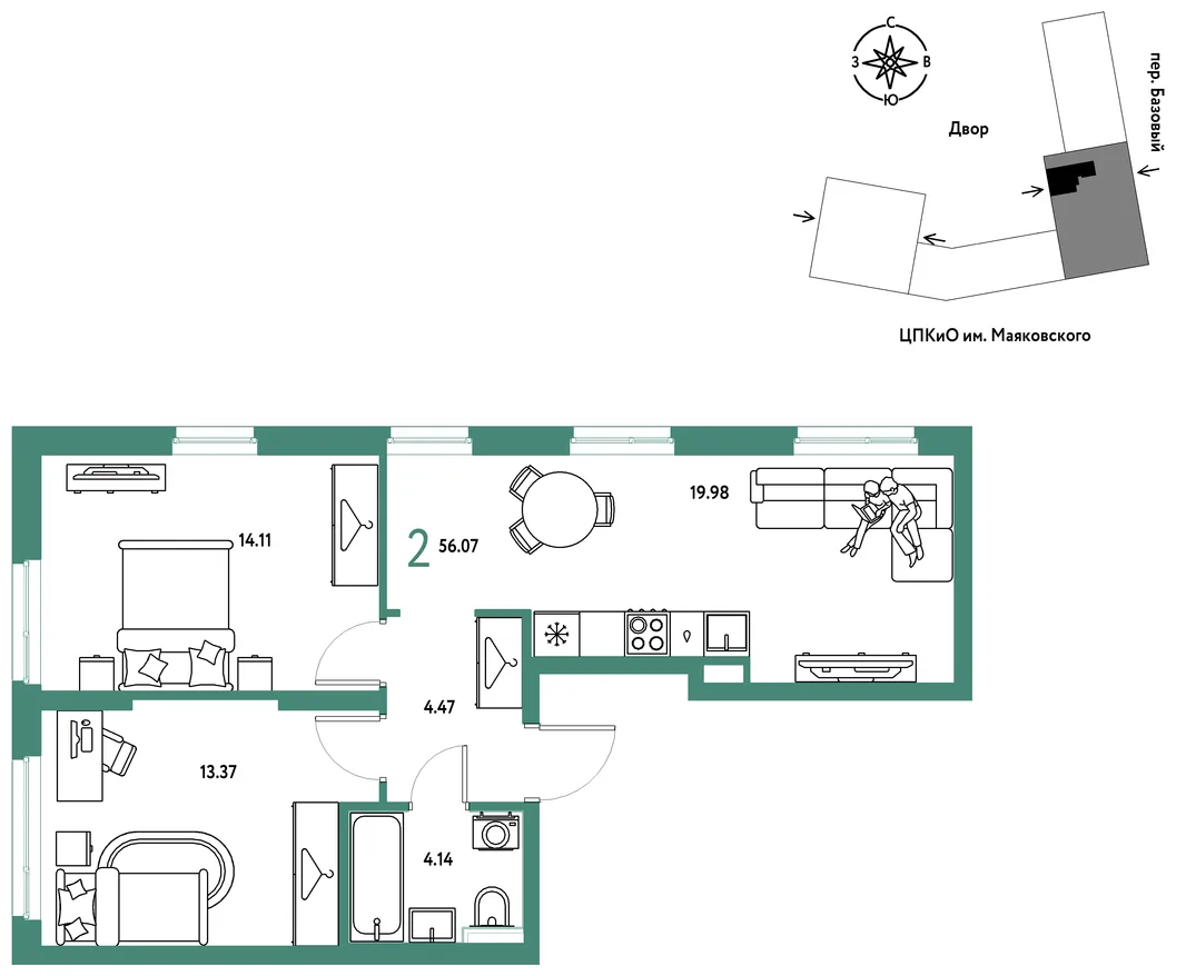 Планировка 2-комн. квартира, 56.07 м² ЖК «Сибирский сад»