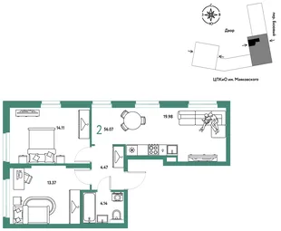 Планировка 2-комн. квартира, 56.07 м² ЖК «Сибирский сад»