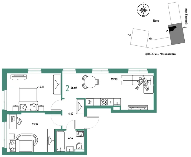 Планировка 2-комн. квартира, 56.07 м² ЖК «Сибирский сад»