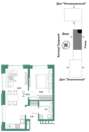 Планировка 2-комн. квартира, 40.13 м² ЖК «Микрорайон Домашний»