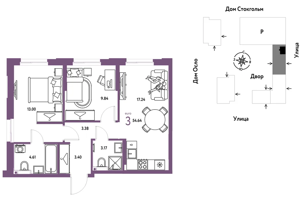 Планировка 3-комн. квартира, 54.64 м² ЖК «Европейский берег 2.0»